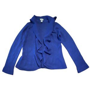 Chicos Size 0 Royal Blue Acrylic Wool Mohair Blend Sweater With Ruffled Open Fro